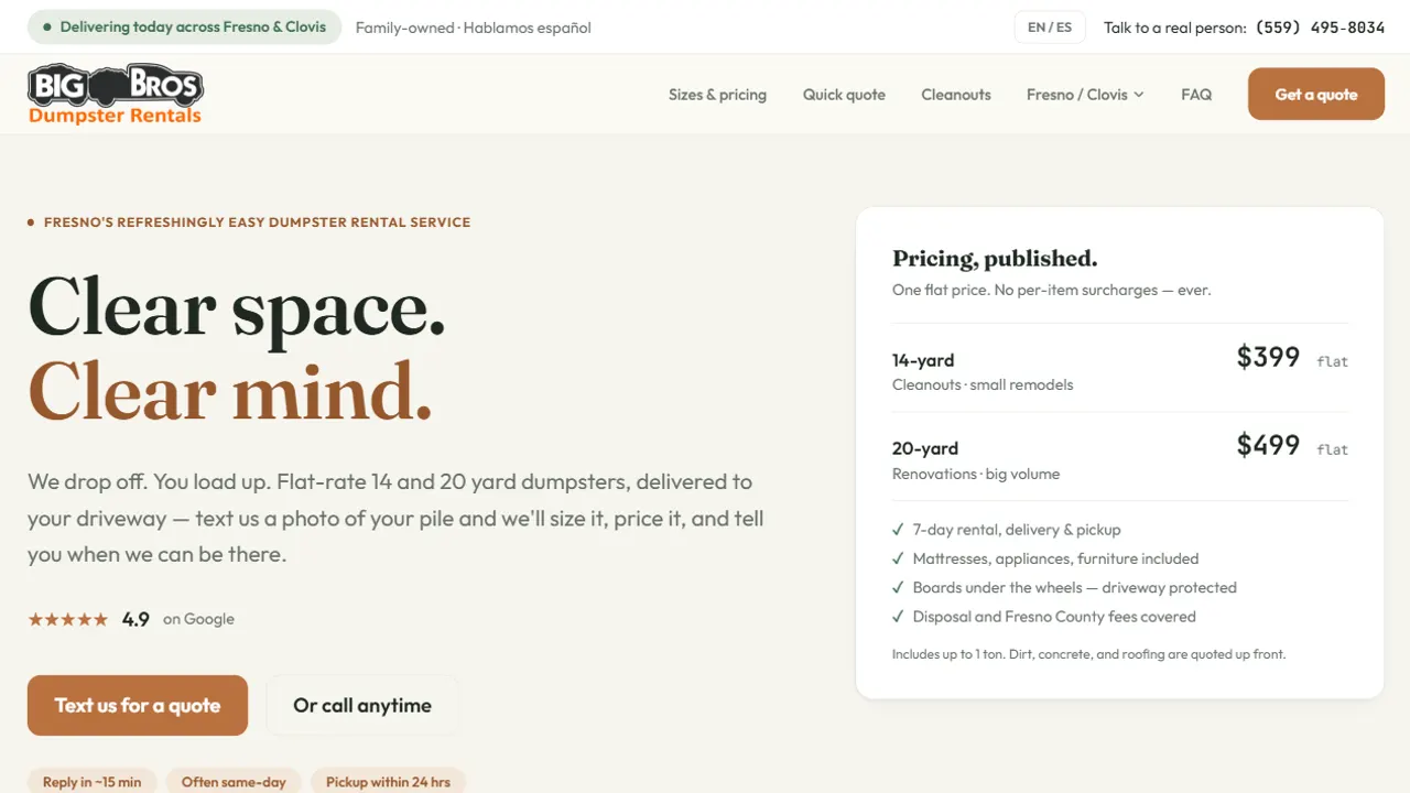 Big Bros Dumpster Rentals hand-built website