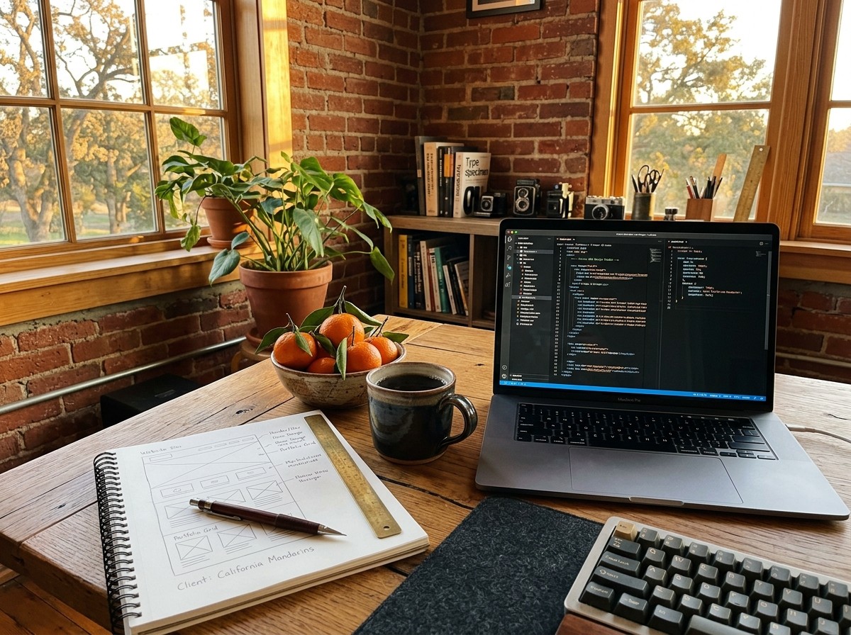 A sunlit desk with a laptop, a sketchbook and a bowl of mandarins